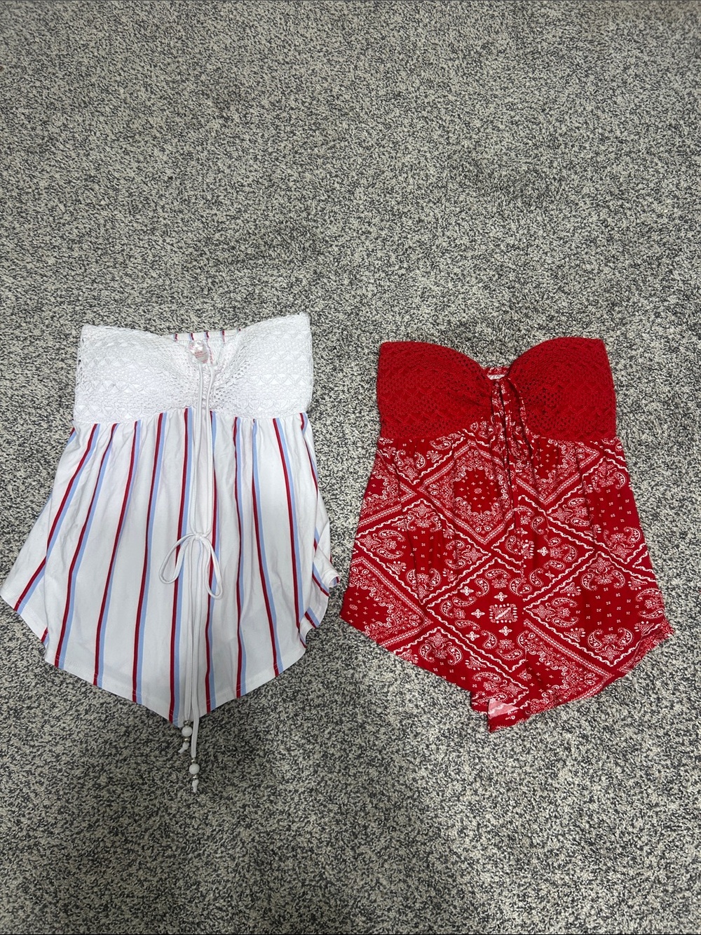 Bundle of Strapless Red Bandana Print Crop Top and white striped crop top